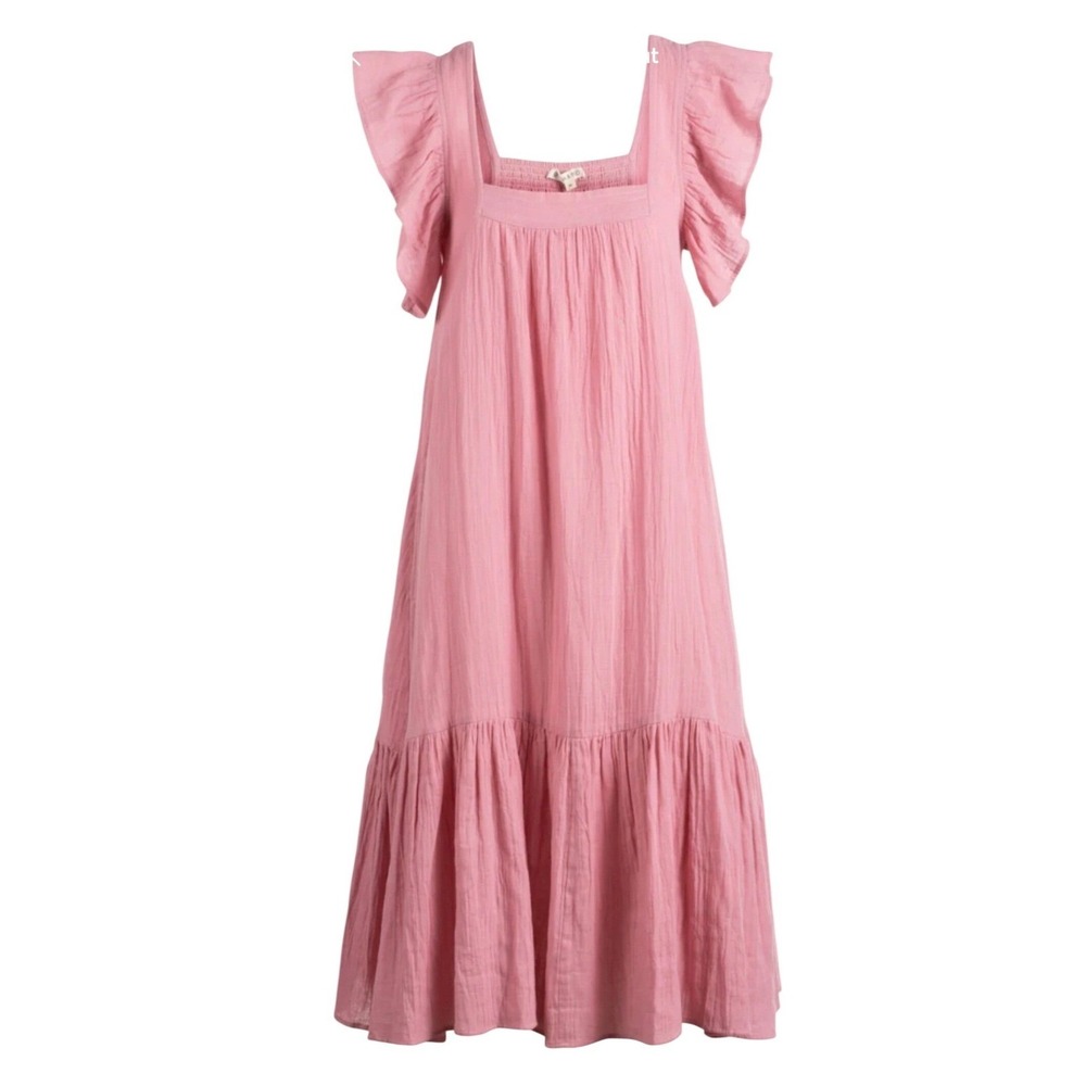 Ophelia & Indigo Flora Dress Womens Large Pink Ruffle Sleeve Tiered Boho Cotton
